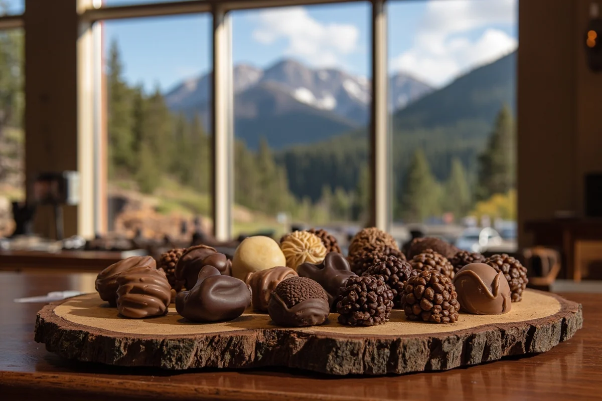 Assortment of artisan Montana chocolates displayed on rustic wooden board with mountain backdrop through shop window