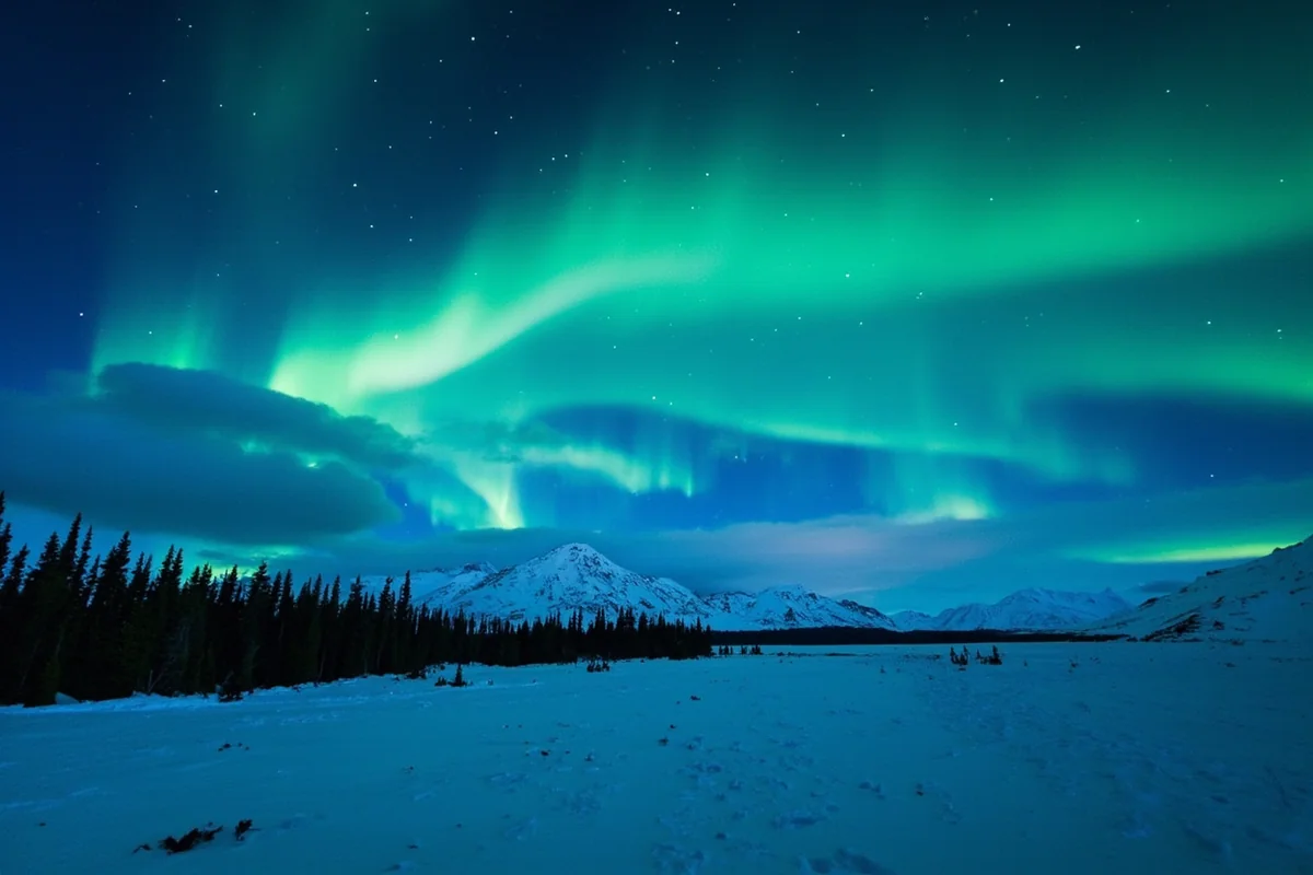 Aurora borealis over snow-covered Alaskan landscape