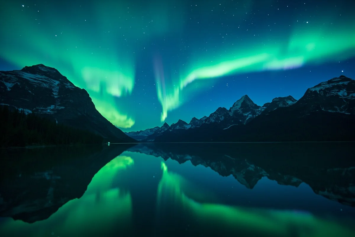 Aurora borealis reflecting on calm lake water with mountain silhouettes in Glacier National Park