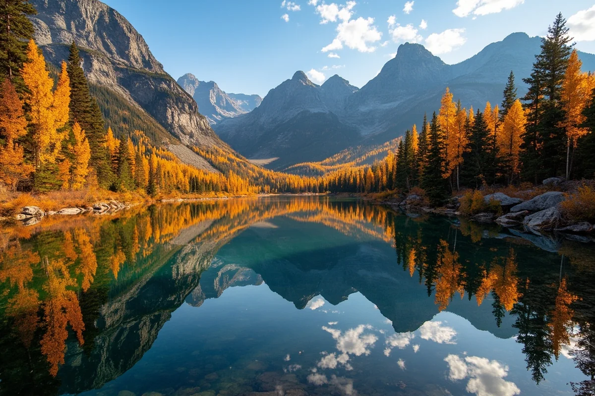 Autumn colors in the Seeley-Swan Valley with a pristine mountain lake reflecting surrounding peaks