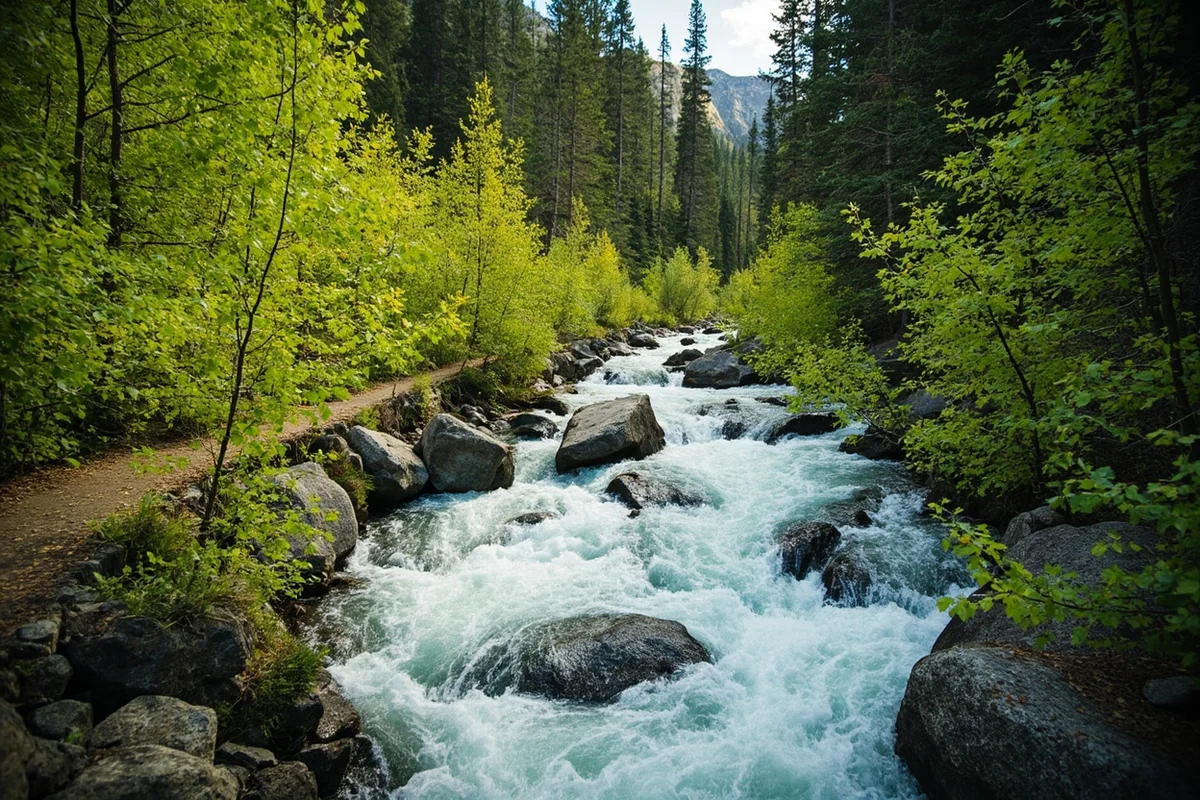 Avalanche Creek trail in spring with rushing water and bright green foliage
