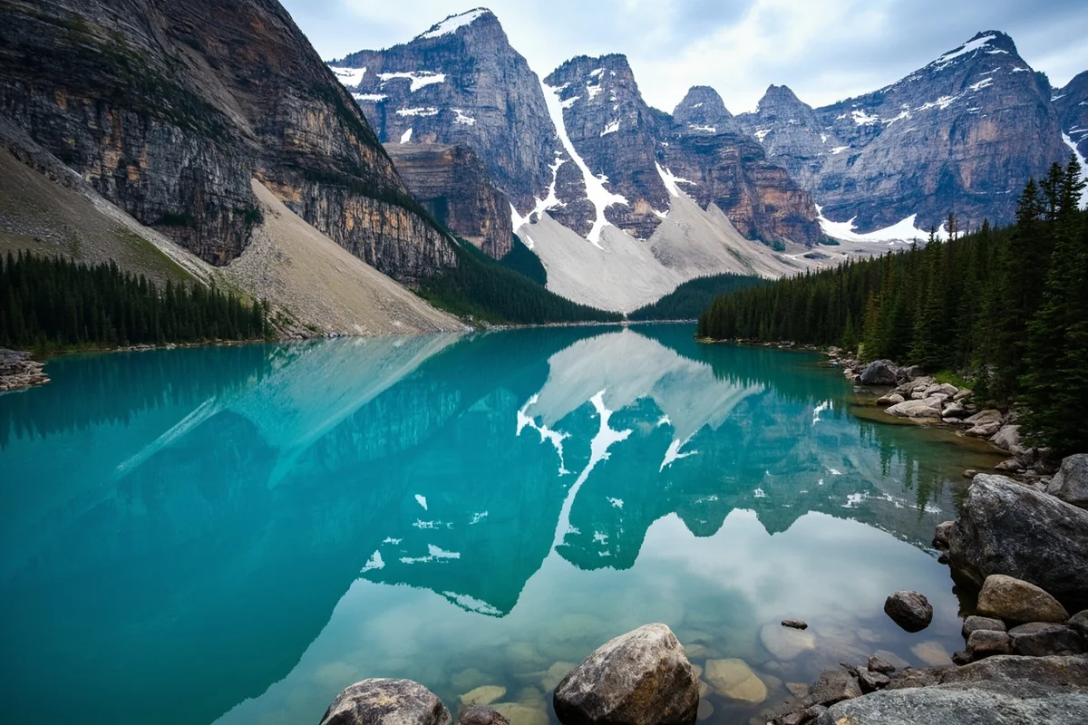 Avalanche Lake surrounded by steep cliffs with multiple waterfalls