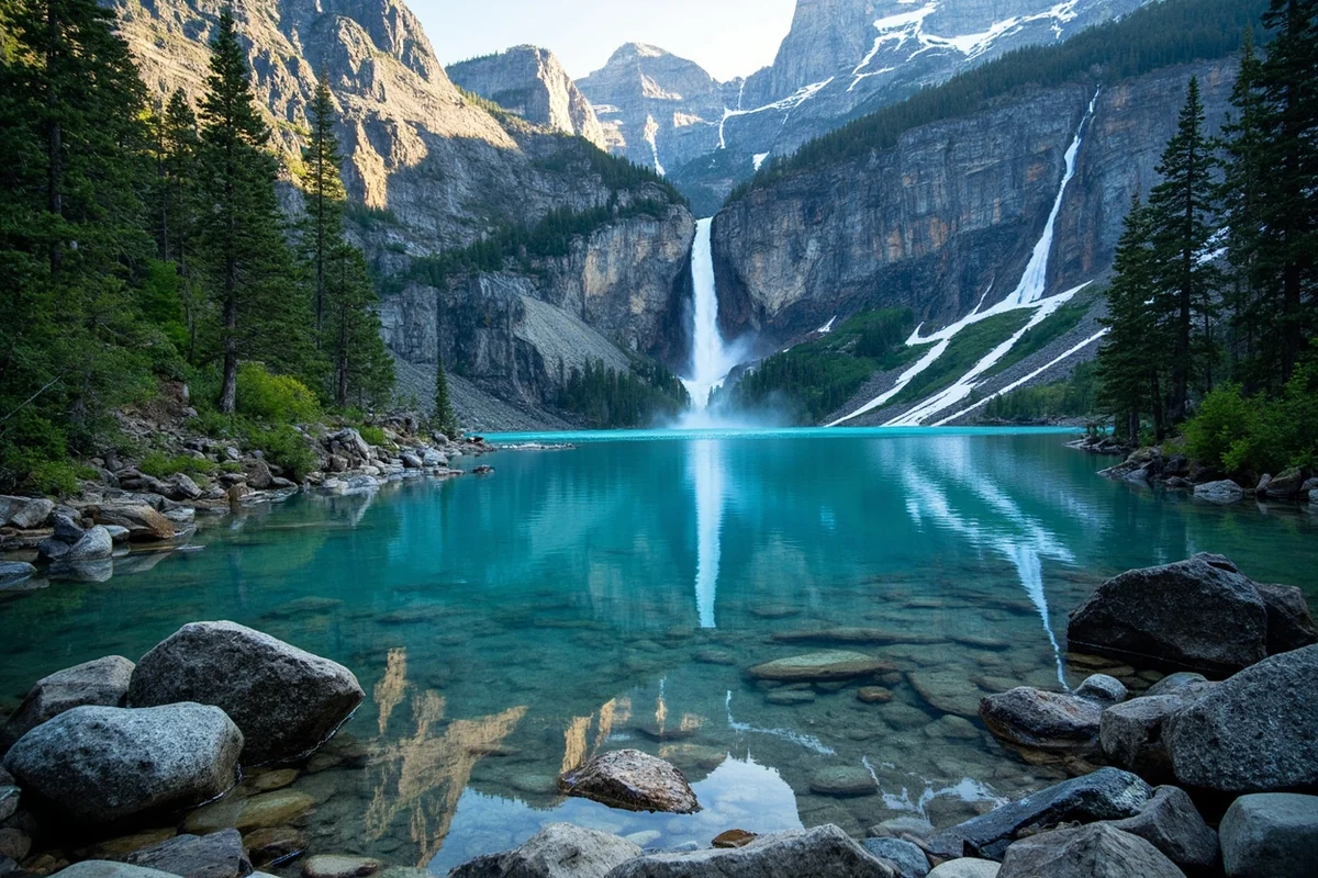 Avalanche Lake with waterfalls cascading down surrounding cliffs