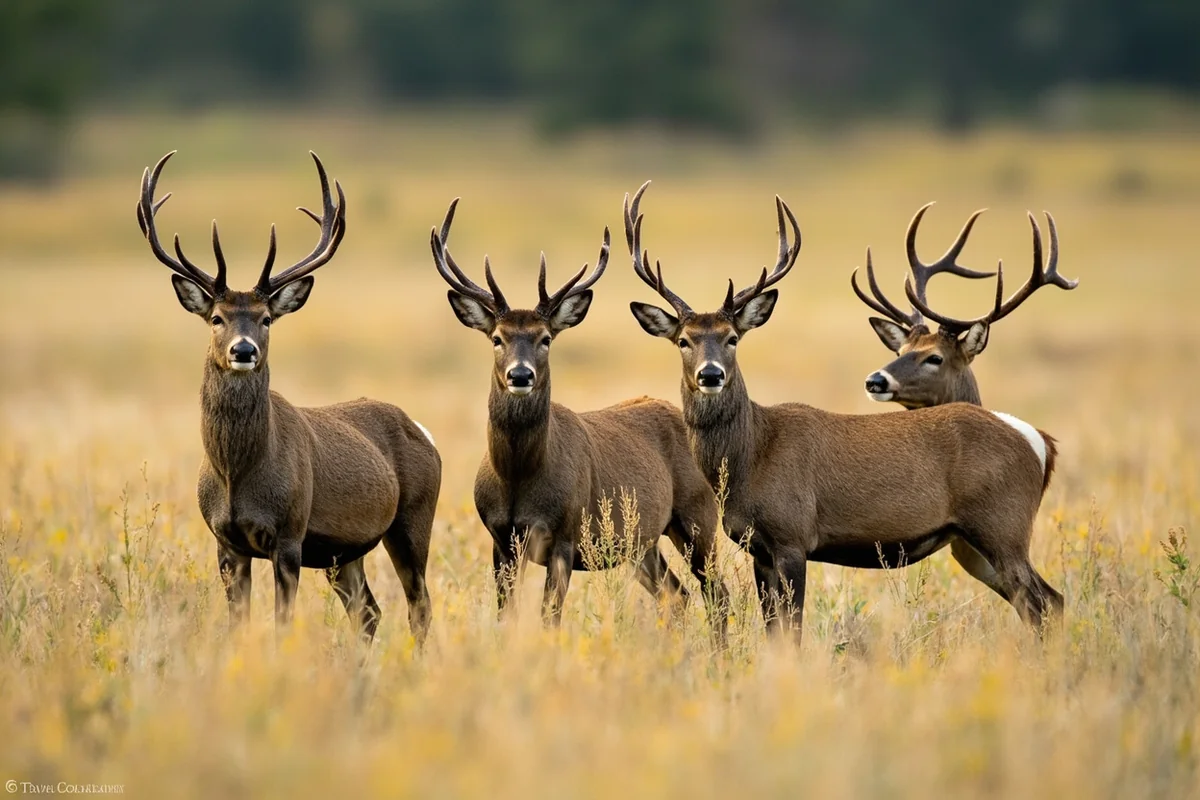 Bachelor group of mule deer bucks in summer velvet standing together in meadow