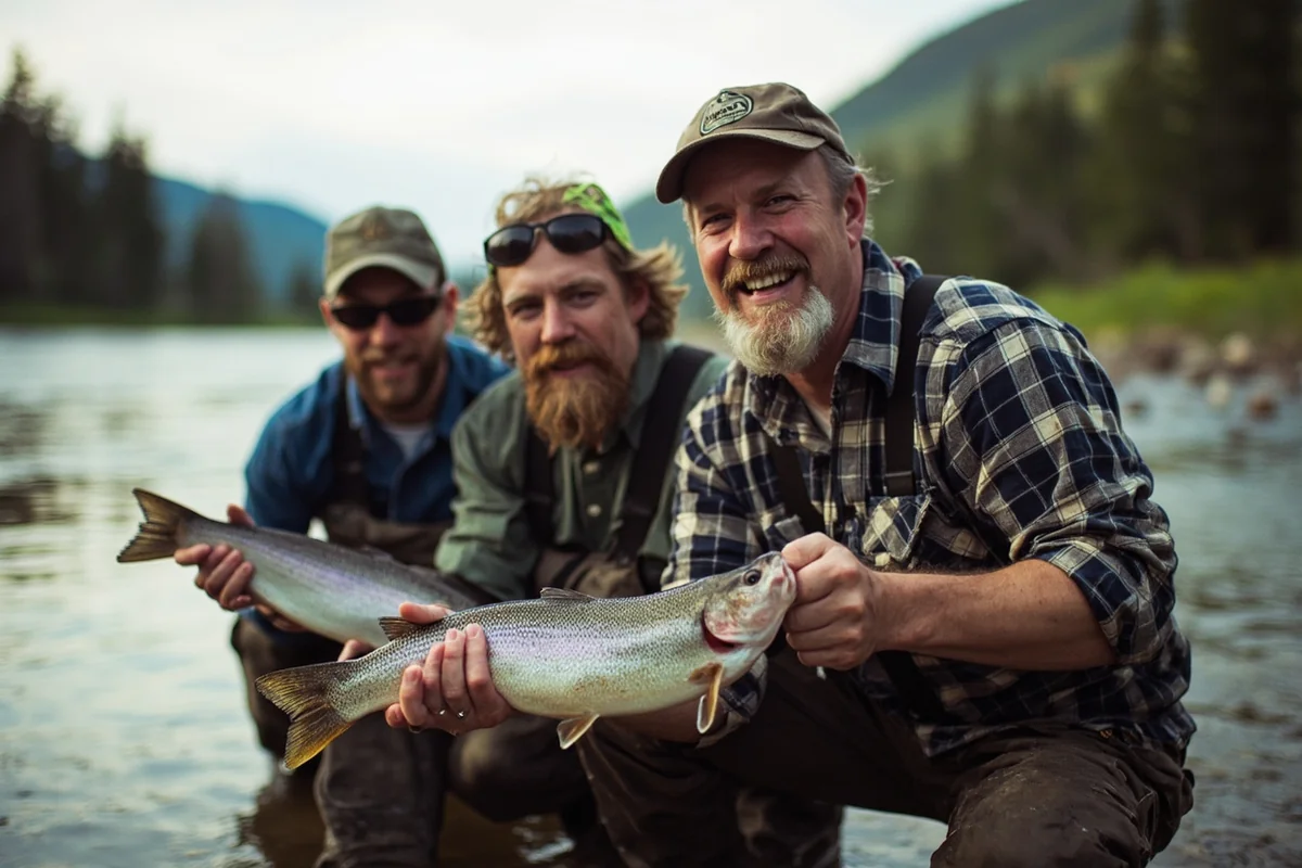 Bachelor party group posing with caught fish in front of Montana river landscape