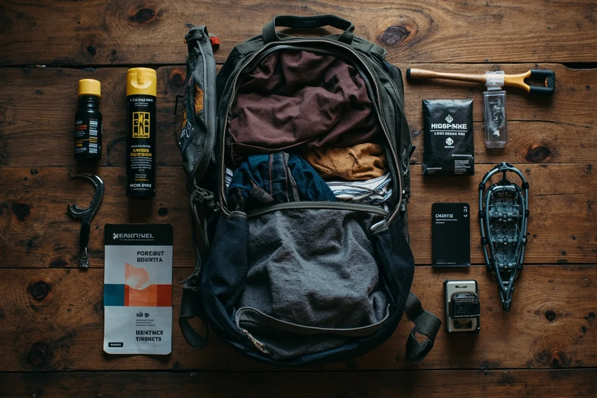 Backpack contents spread out showing bear spray, layers, microspikes, and hiking essentials for Montana waterfall hikes