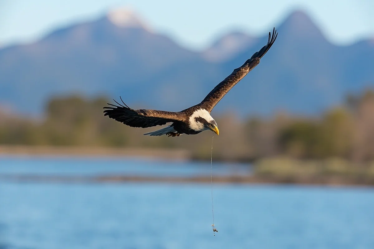 Bald eagle fishing on Madison River with mountain backdrop