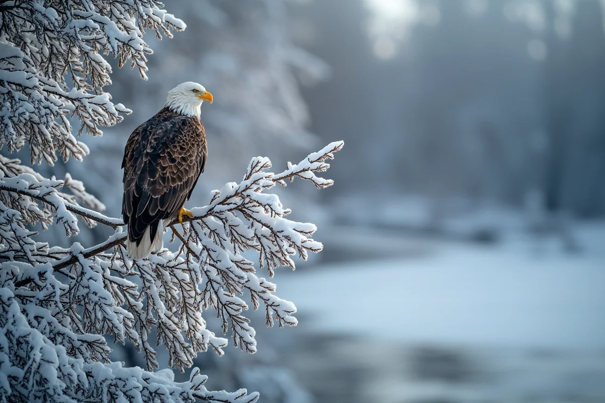 Bald eagle perched in snow-covered cottonwood tree along river