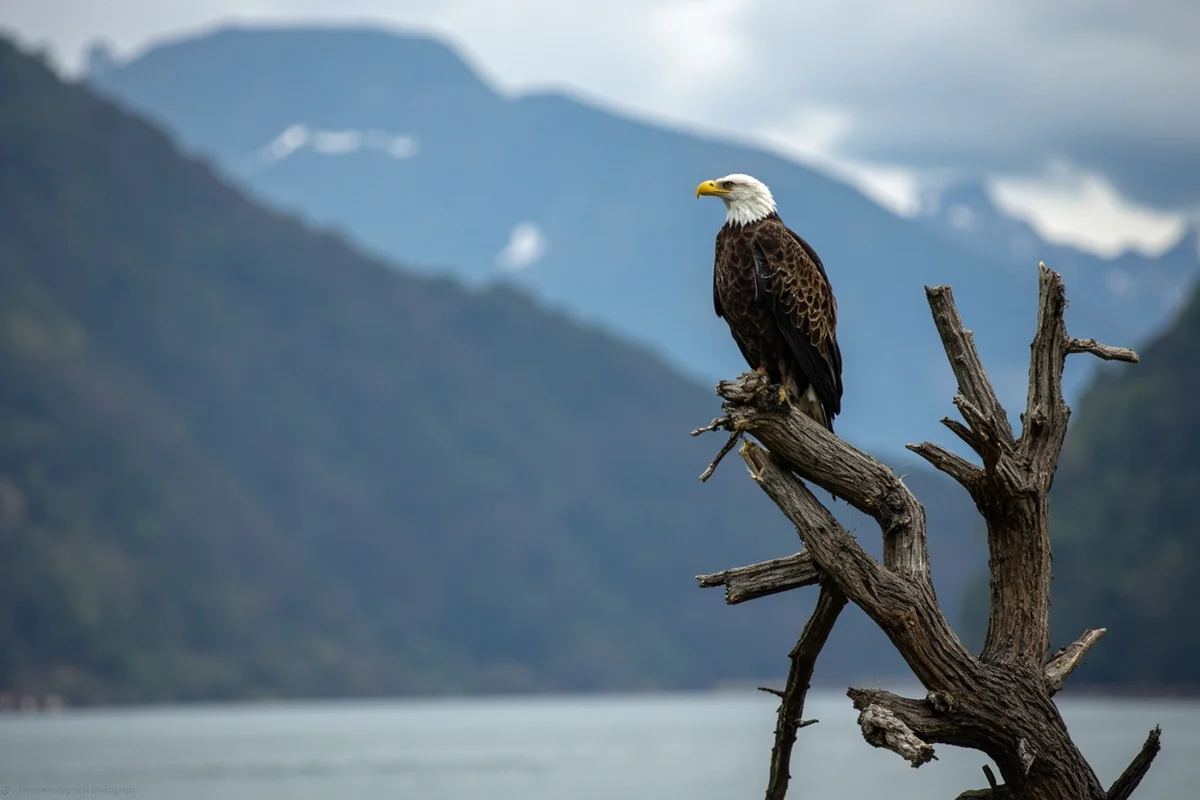 Bald eagle perched on dead tree along riverbank with mountains in background