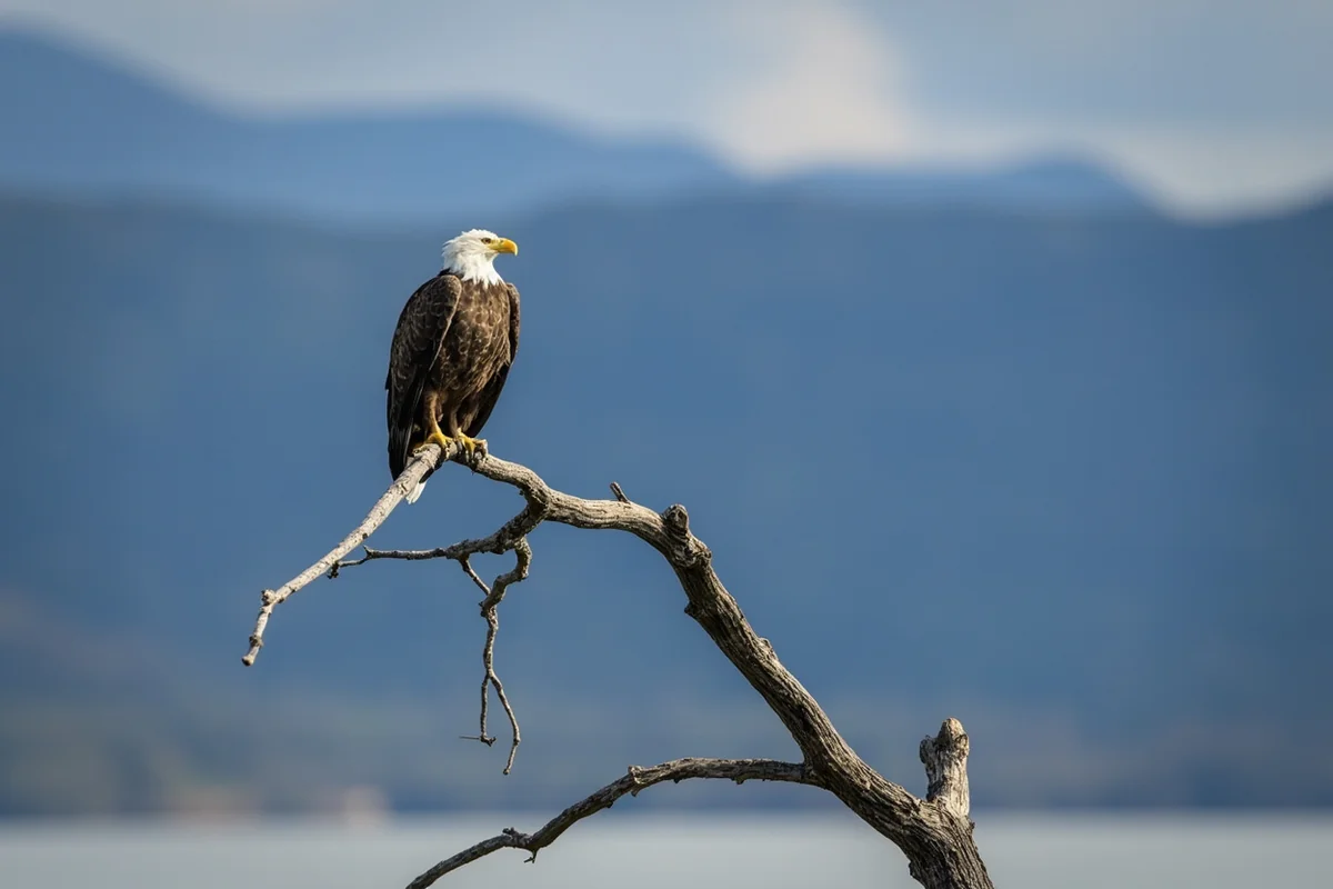 Bald eagle perched on dead tree branch with mountain lake in background