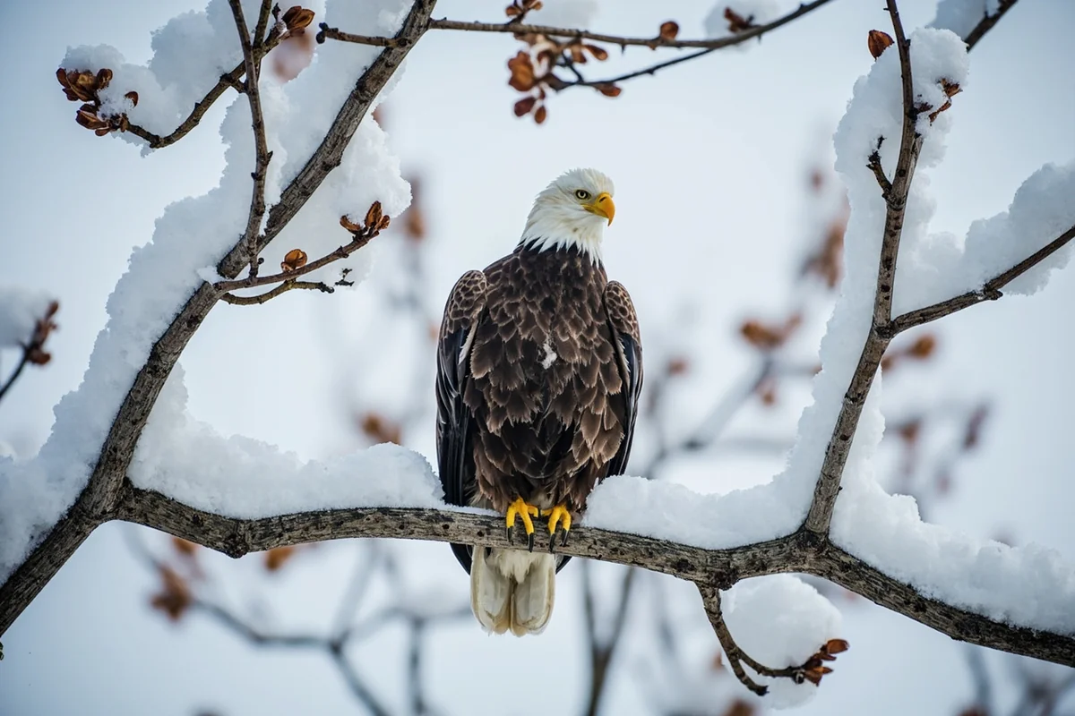 Bald eagle perched on snow-covered cottonwood branch along the Missouri River
