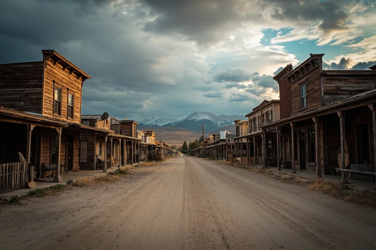 Bannack Ghost Town main street showing preserved wooden buildings and dirt road under moody sky