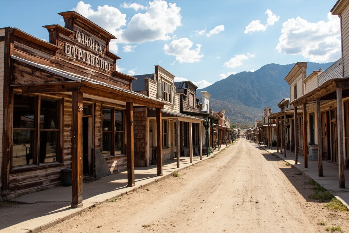 Bannack ghost town main street with weathered wooden buildings and Grasshopper Creek in background