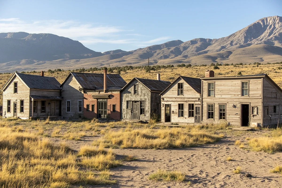 Bannack State Park ghost town buildings with mountains in background