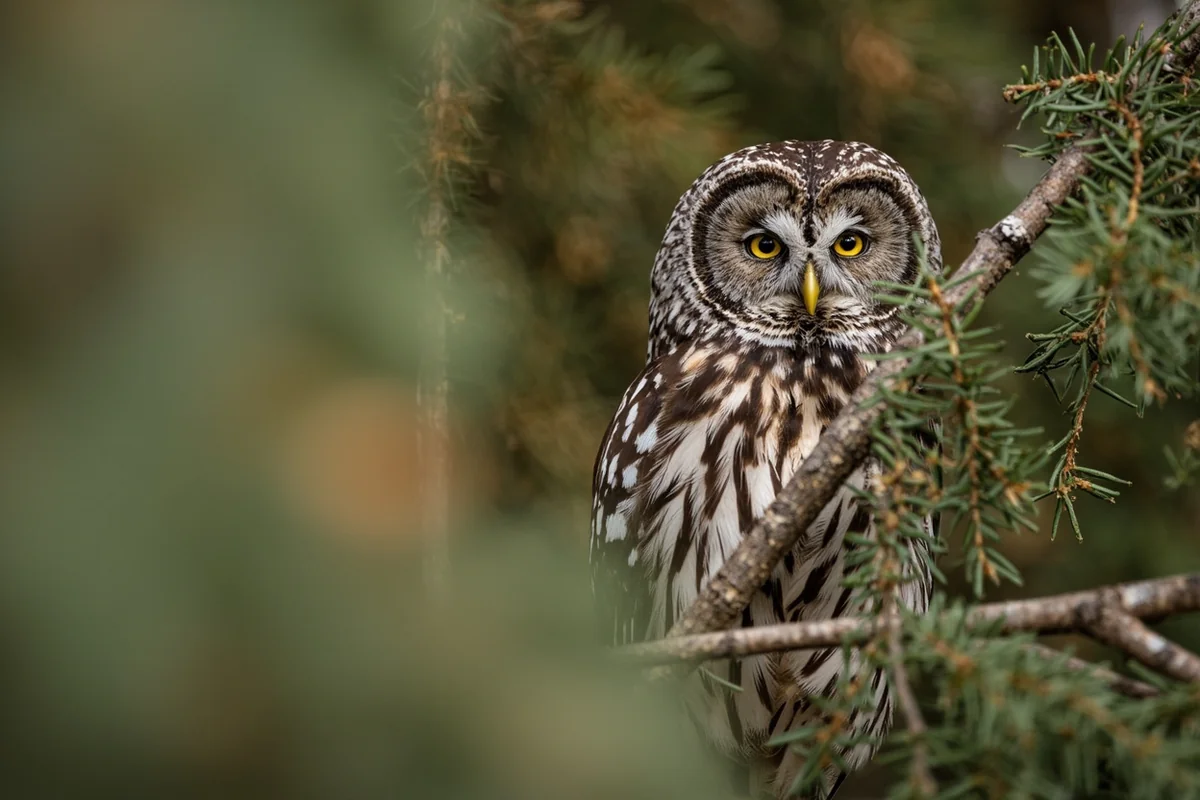 Barred Owl peering through cedar branches in northwestern Montana