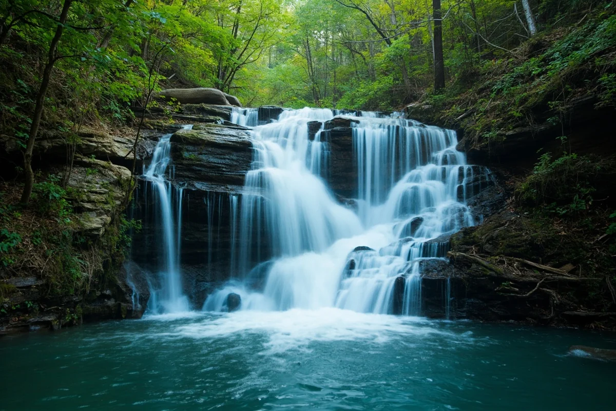 Base of Hidden Falls showing tiered cascade and pool below