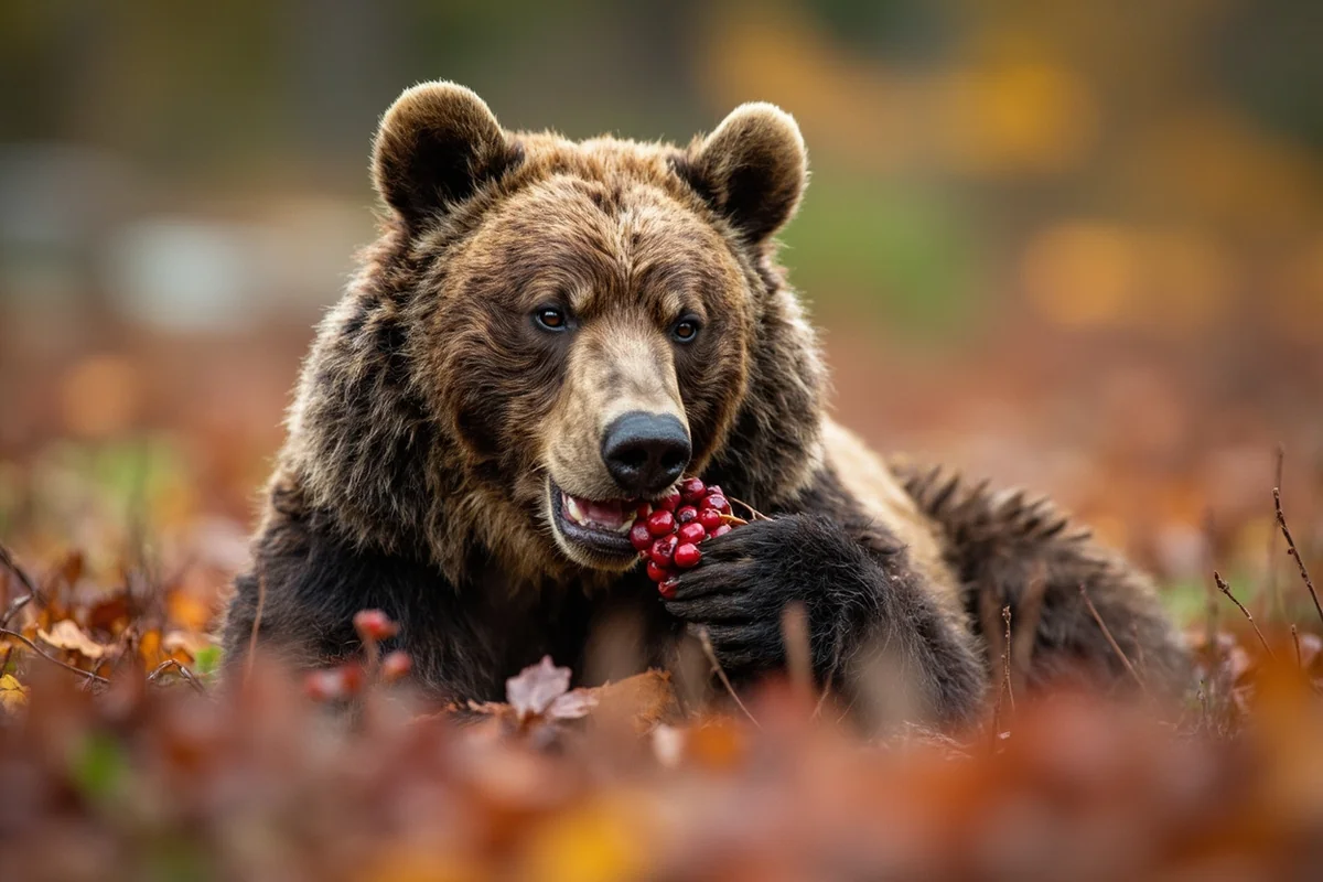 Bear feeding on huckleberries in autumn setting