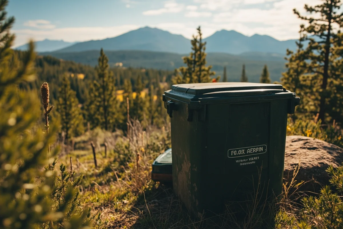 Bear-proof trash container in Montana wilderness setting