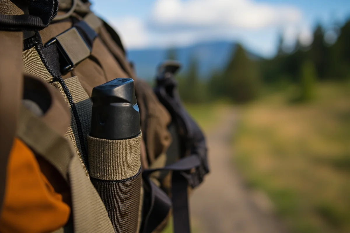 Bear spray holstered on hiking pack hip belt with Montana trail in background