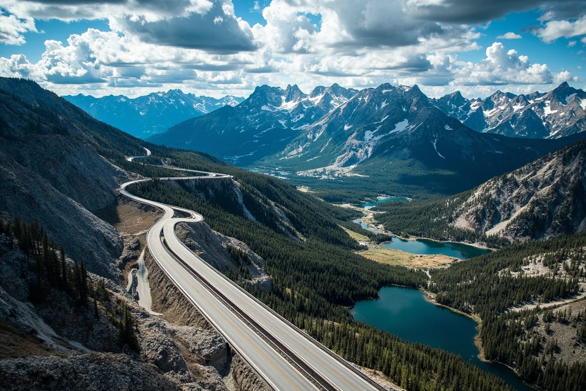 Beartooth Highway aerial view showing switchbacks and alpine lakes connecting Montana and Wyoming