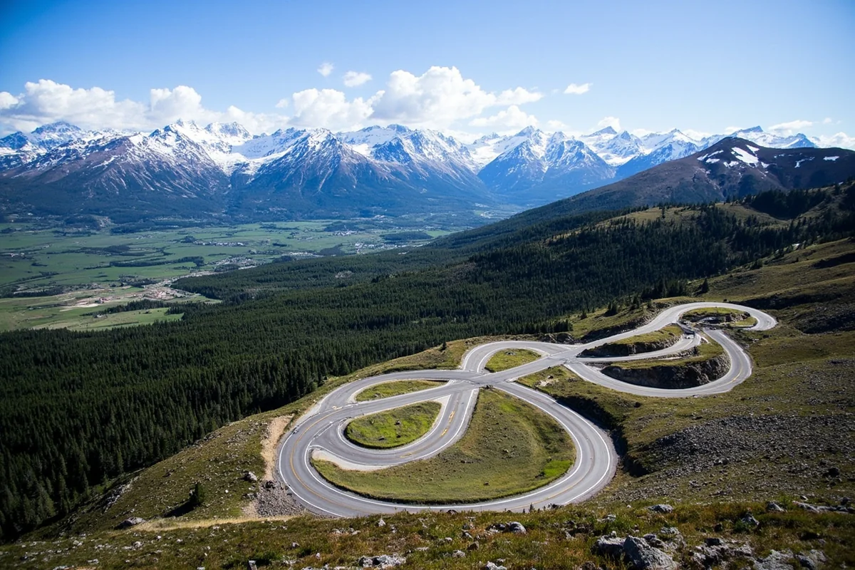 Beartooth Highway switchbacks with snow-capped peaks in background