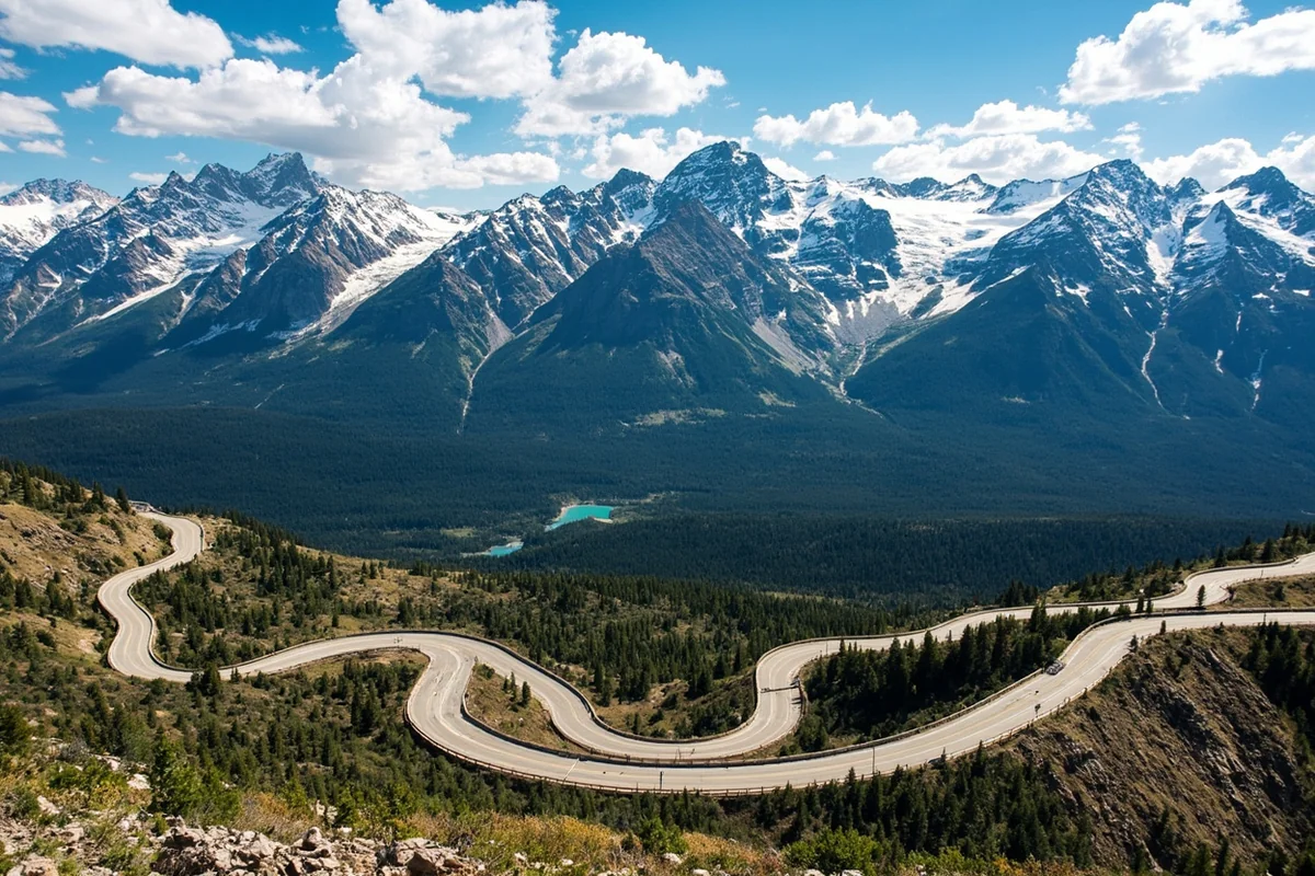 Beartooth Highway switchbacks with snow-capped peaks and alpine lakes visible