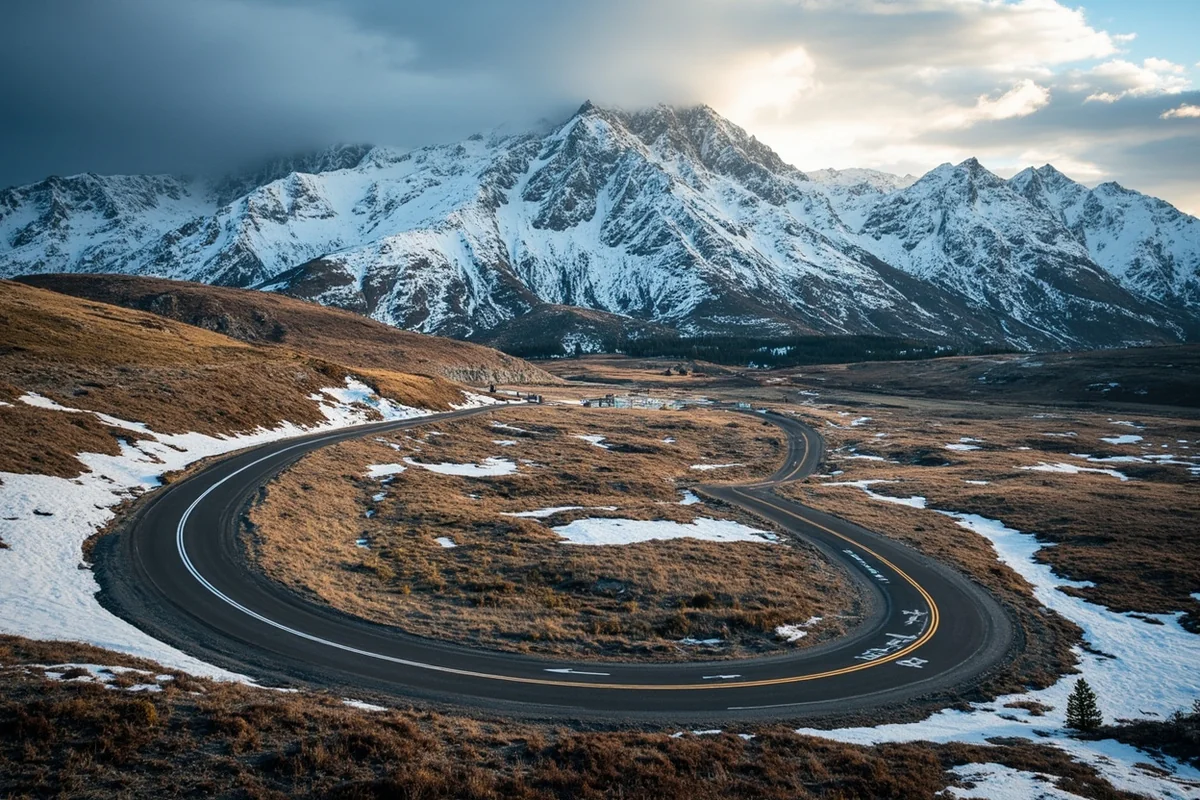 Beartooth Highway winding through alpine terrain with snow patches and dramatic mountain views