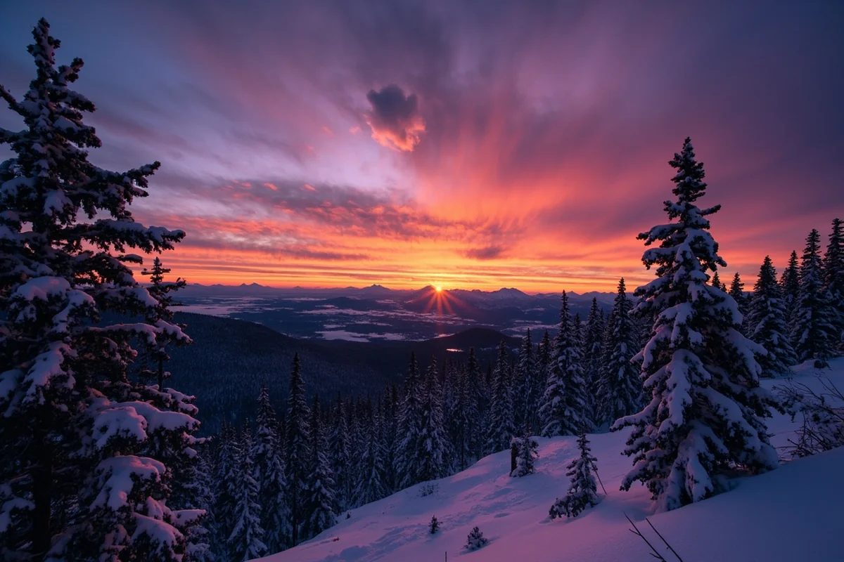 Beautiful winter sunset over Montana mountains, showing the rewards of embracing the cold