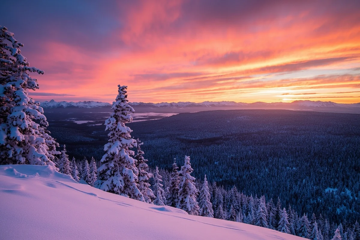 Beautiful winter sunset over Montana mountains with snow-covered landscape