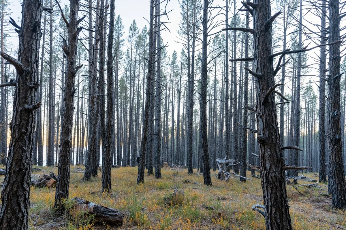 Beetle-killed pine forest in Montana showing gray standing dead trees