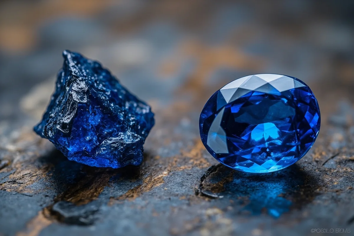 Before and after comparison of rough and cut Montana sapphire