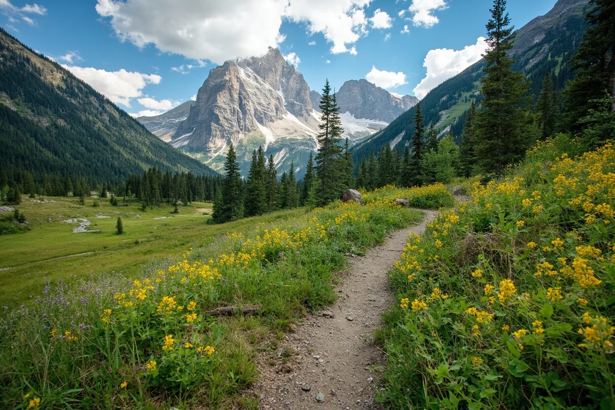 Belly River Trail winding through alpine meadow with mountain backdrop