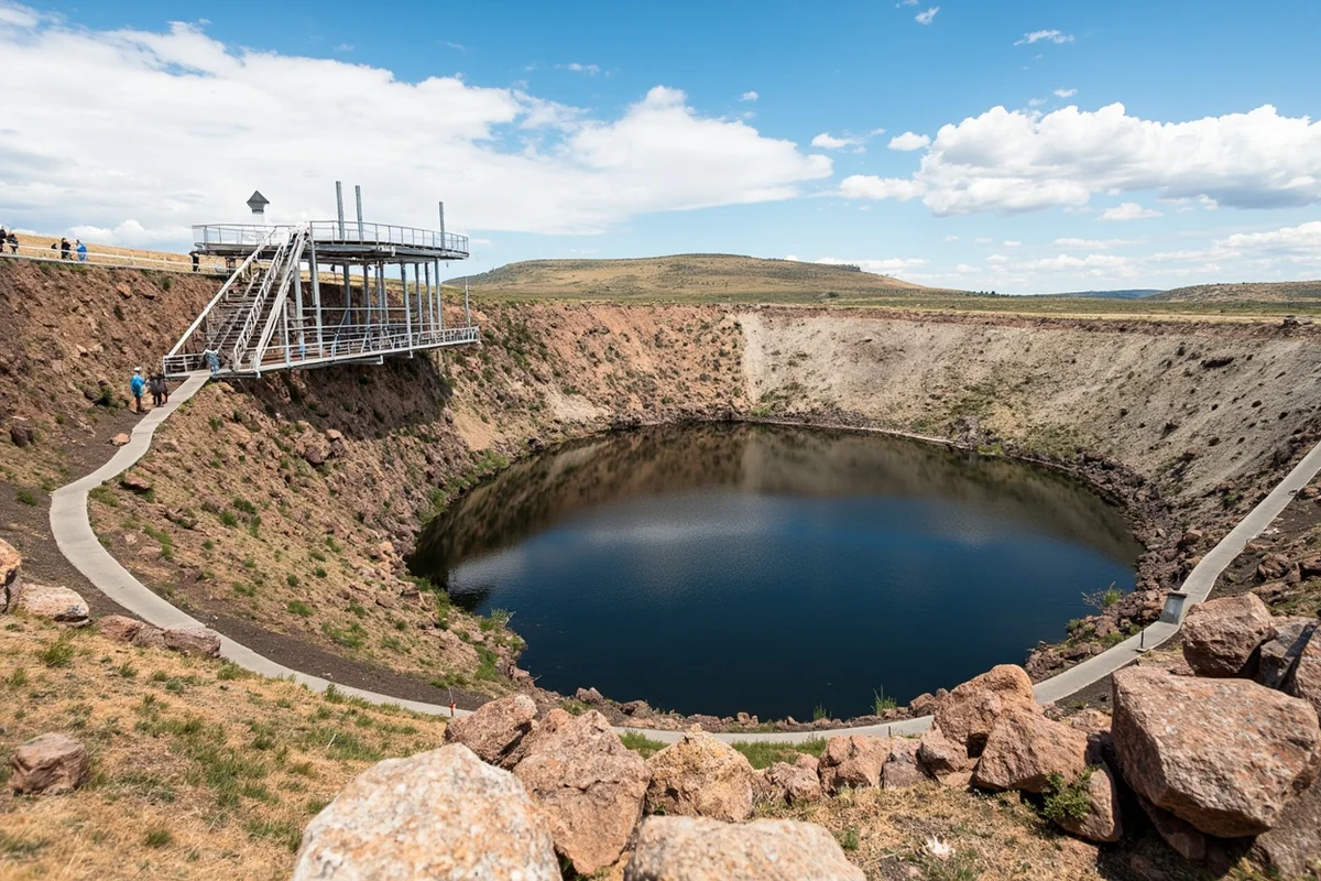 Berkeley Pit in Butte, Montana with viewing platform and visitors