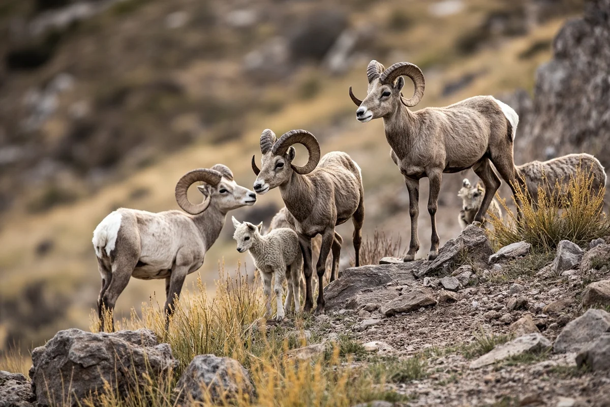 Bighorn ewes and lambs on steep rocky terrain in Upper Missouri Breaks