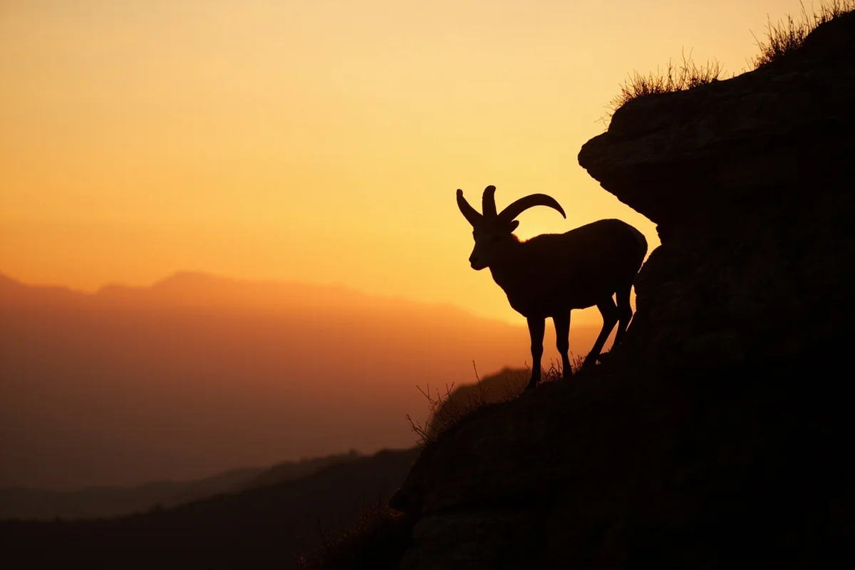 Bighorn ram silhouetted against Montana sunrise on rocky cliff face