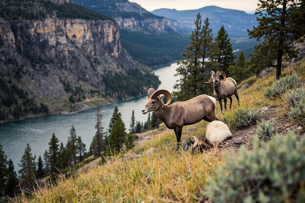 Bighorn sheep habitat showing rocky cliffs and river valley typical of Montana