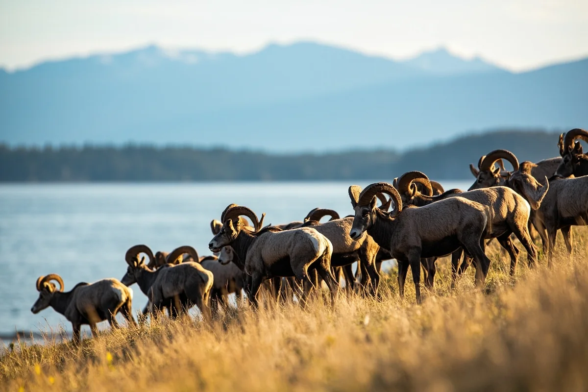 Bighorn sheep herd on Wild Horse Island with Flathead Lake in background