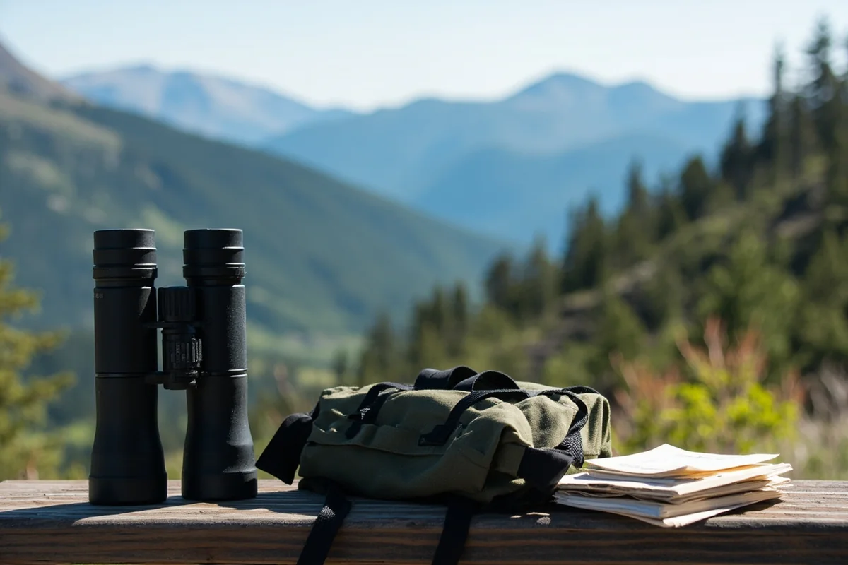 Binoculars and wildlife field guide on a Montana overlook, wildlife watching gear