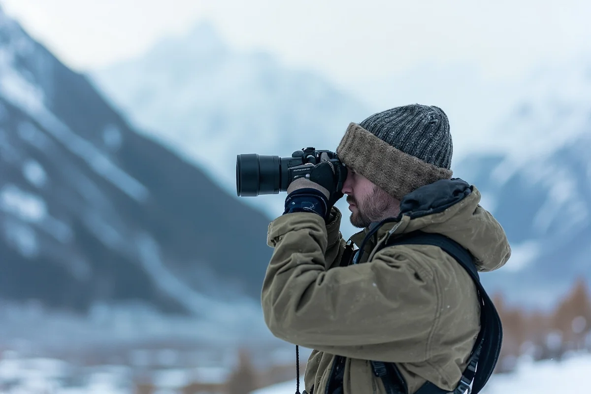 Birder in heavy winter gear using binoculars to scan a snowy Montana landscape with mountains in background