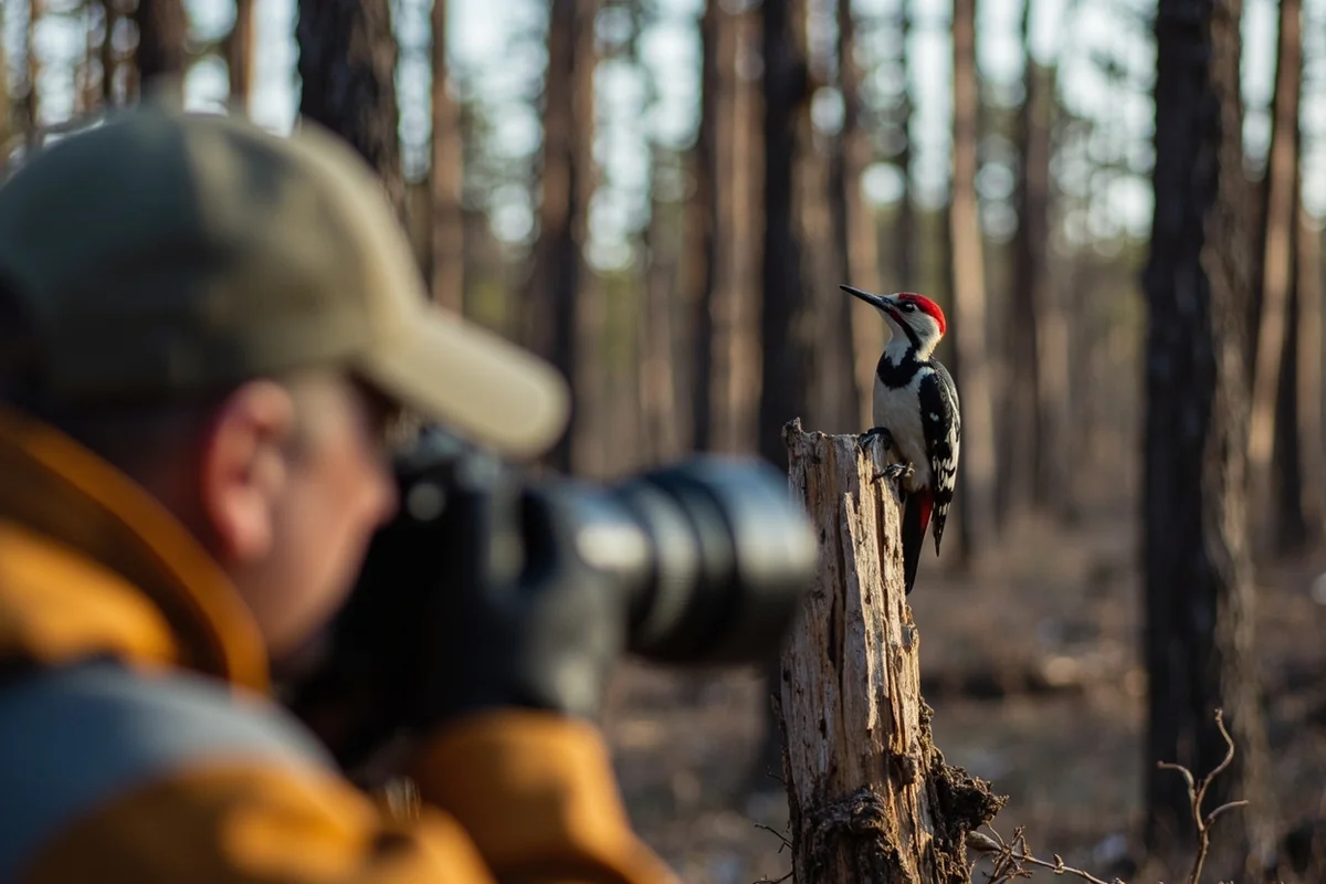 Birder photographing Black-backed Woodpecker on burned snag in Montana forest
