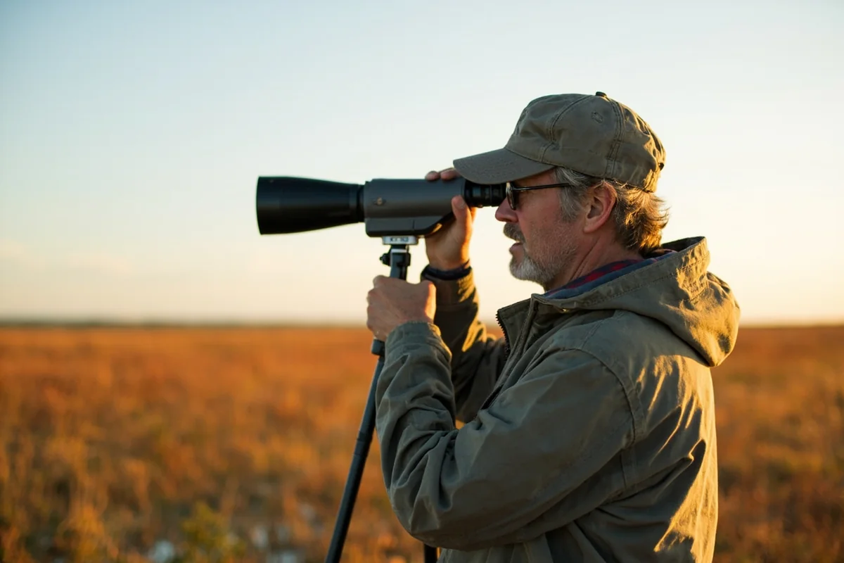 Birder with spotting scope set up on tripod at prairie wetland location