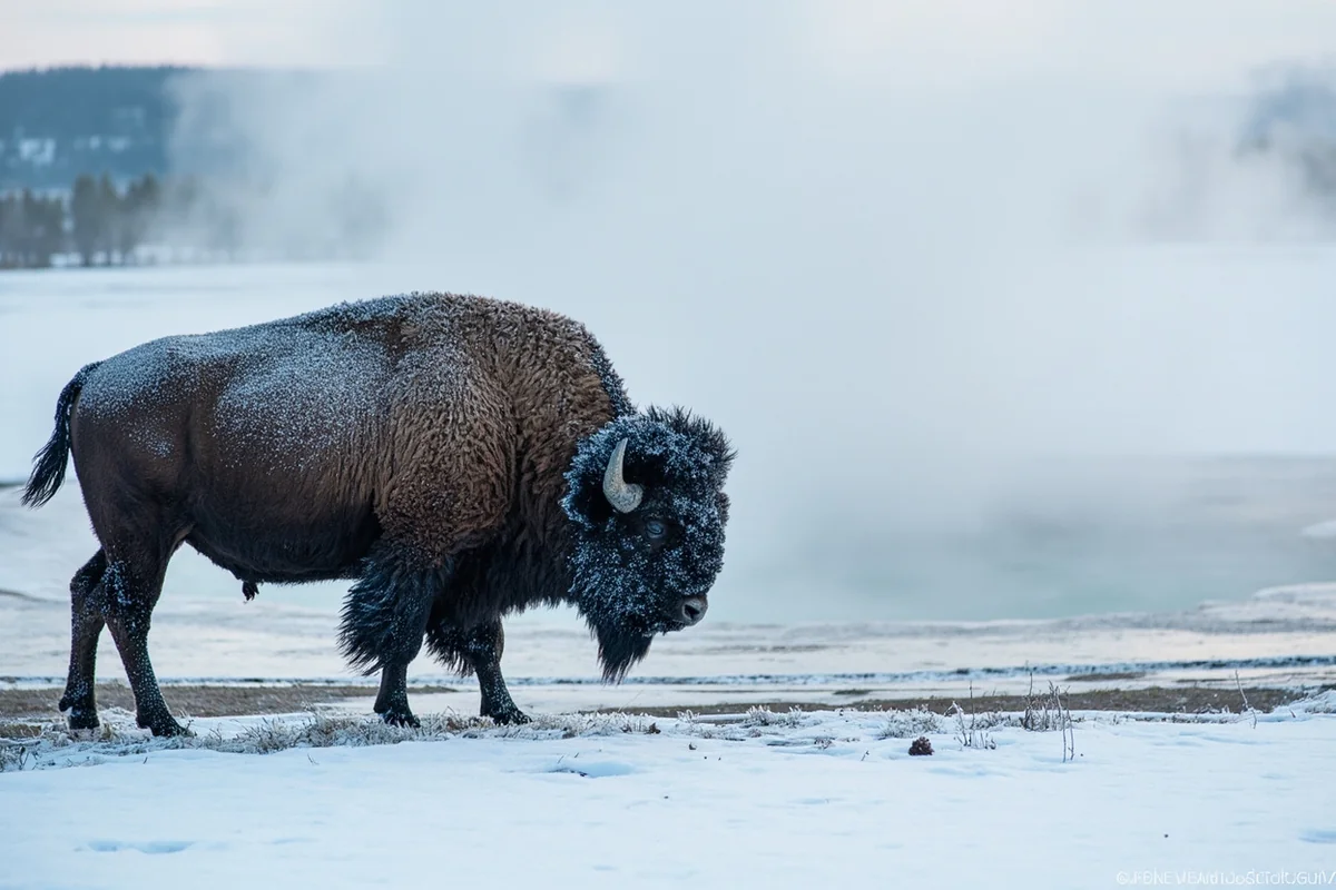 Bison covered in frost near a steaming thermal feature in Yellowstone in winter