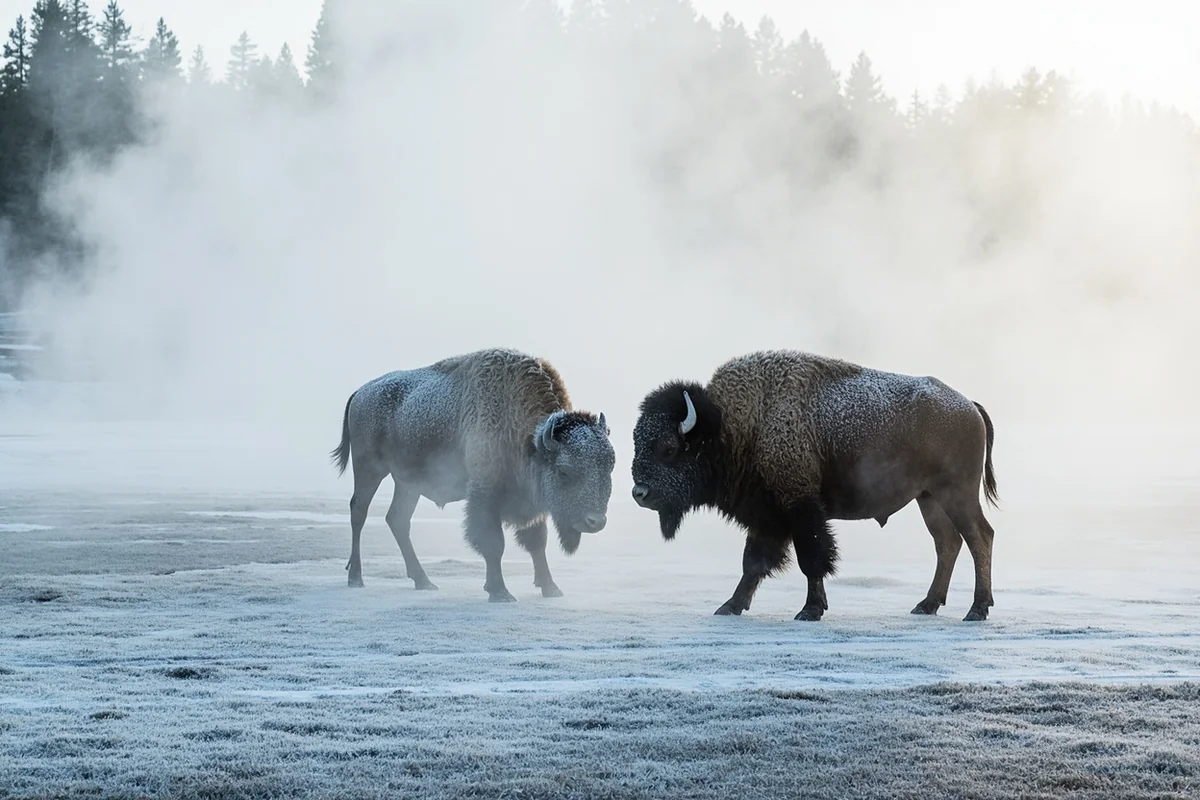 Bison covered in frost near thermal features in Yellowstone, steam rising in cold air