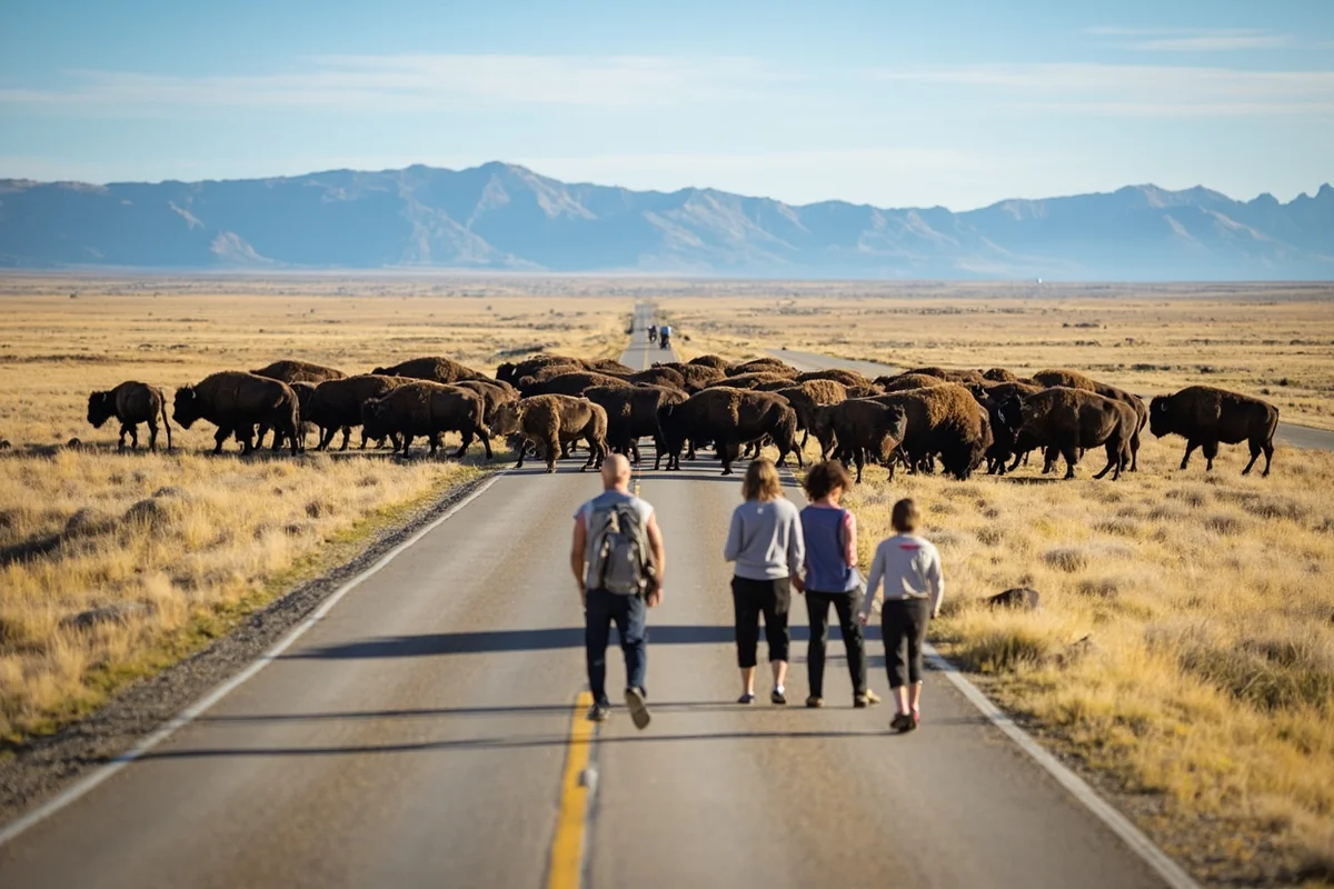 Bison herd crossing road in Lamar Valley with tourists watching from safe distance