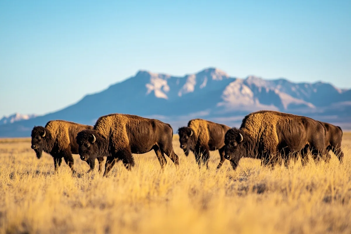 Bison herd grazing at National Bison Range with Mission Mountains in background