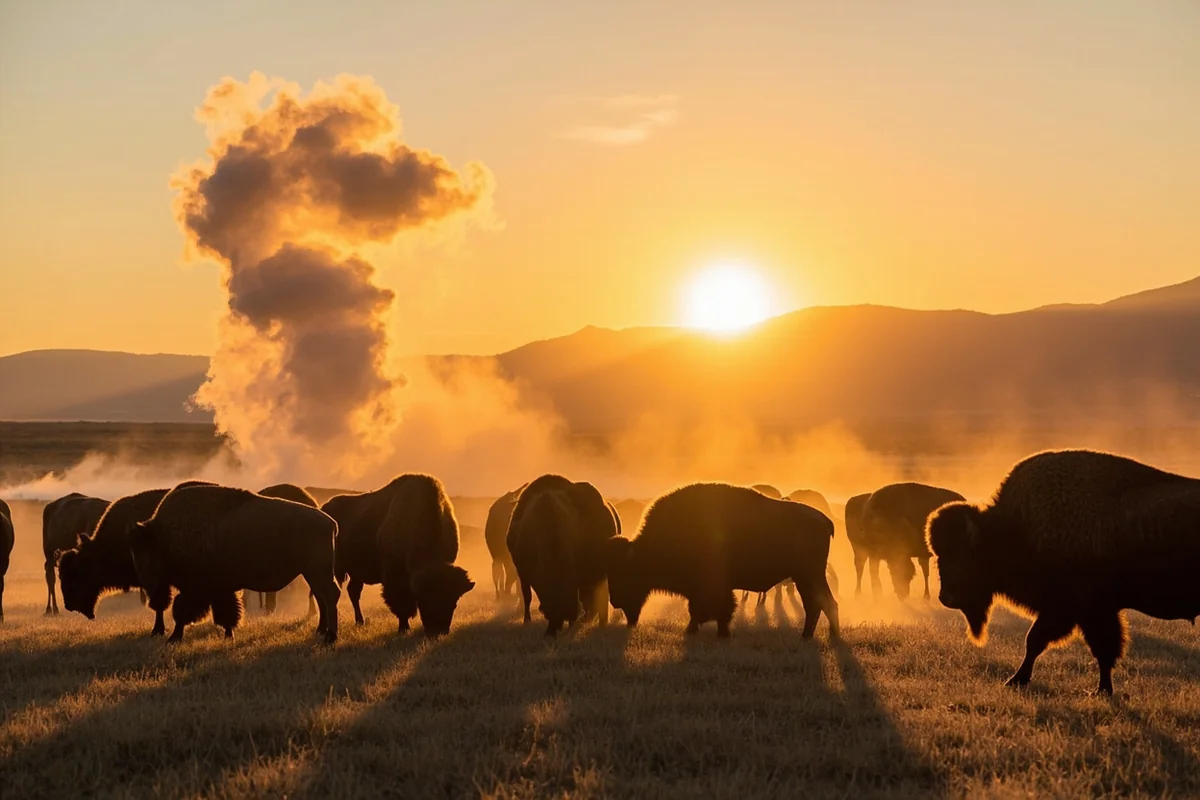 Bison herd grazing in Lamar Valley at sunrise with steam rising from thermal features in the background