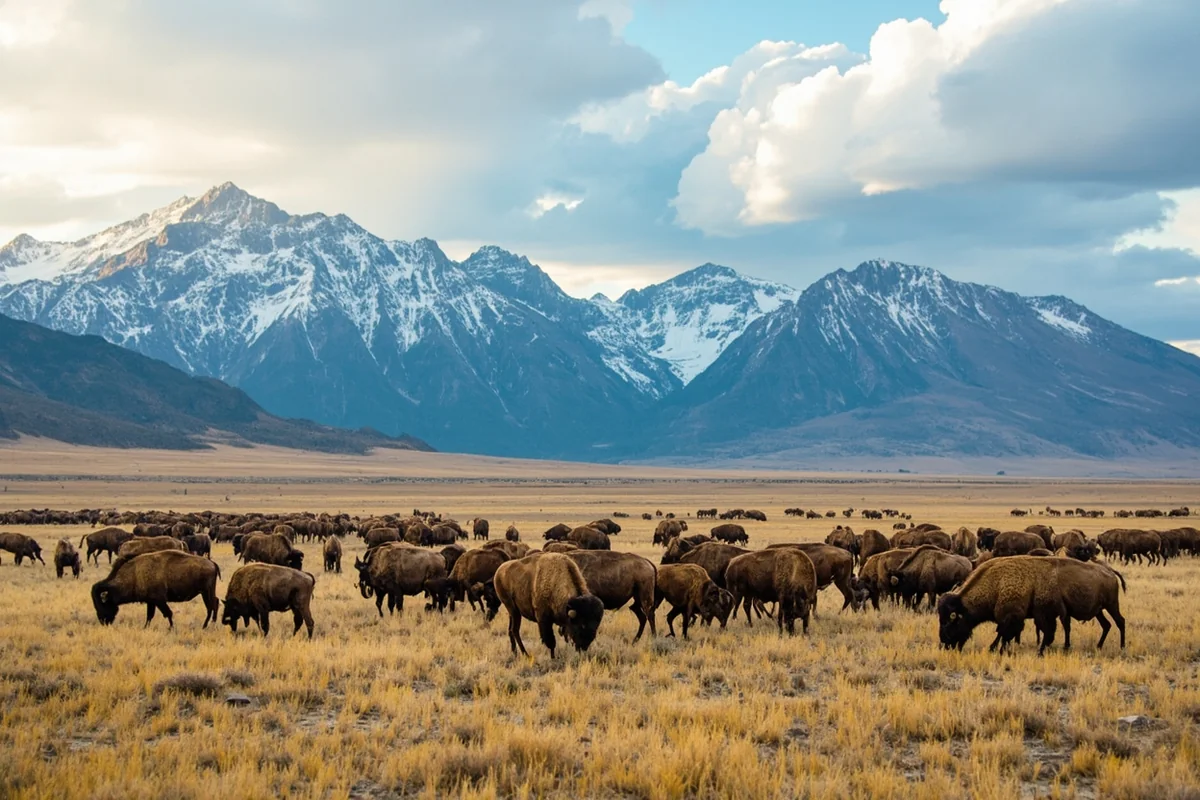 Bison herd grazing in Paradise Valley with Absaroka Mountains behind
