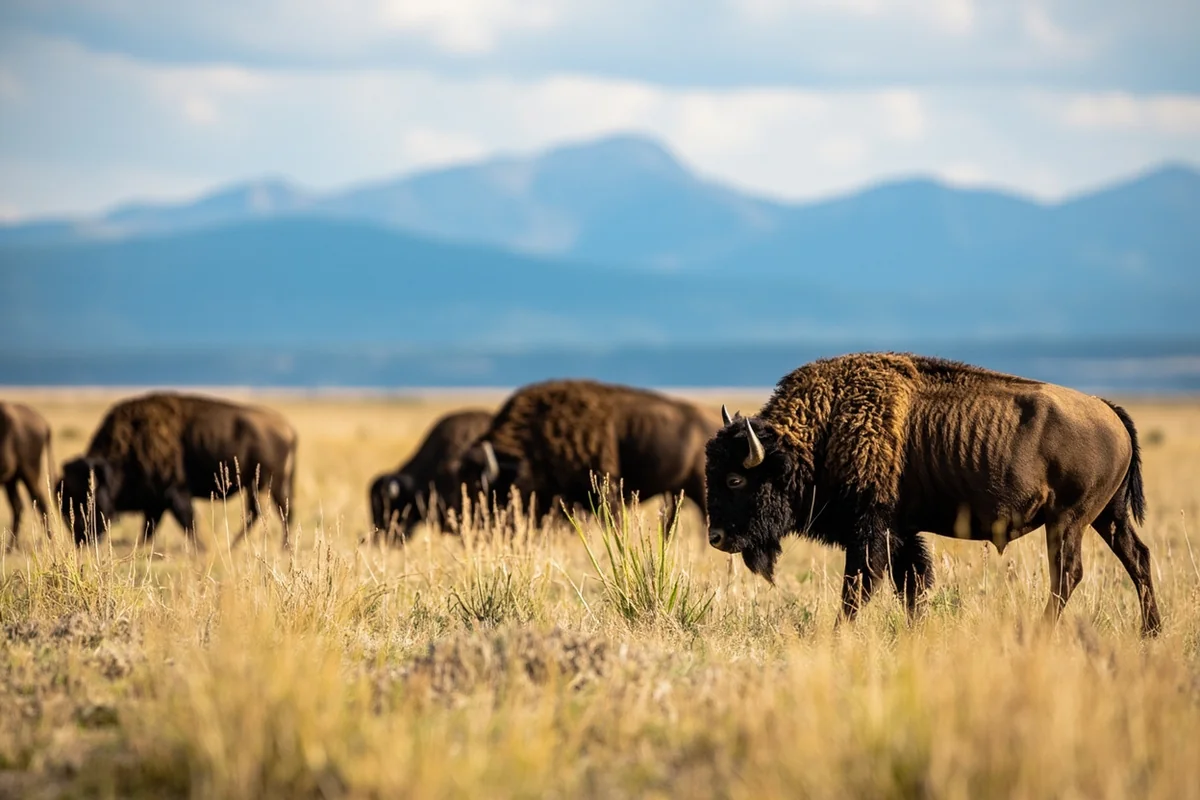 Bison herd grazing in Yellowstone's Lamar Valley with Montana mountains in background