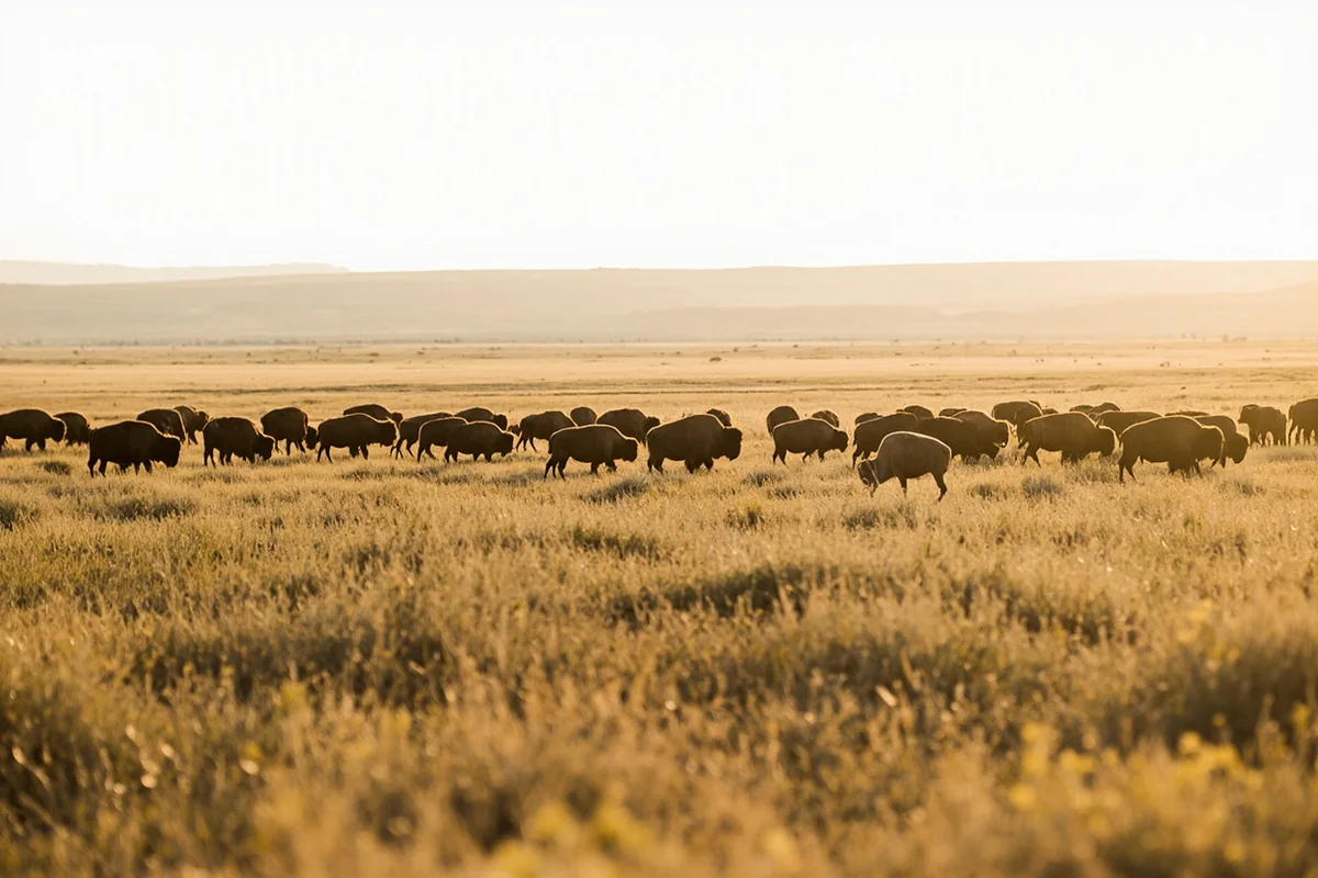 Bison herd grazing on Missouri River Breaks grassland in eastern Montana