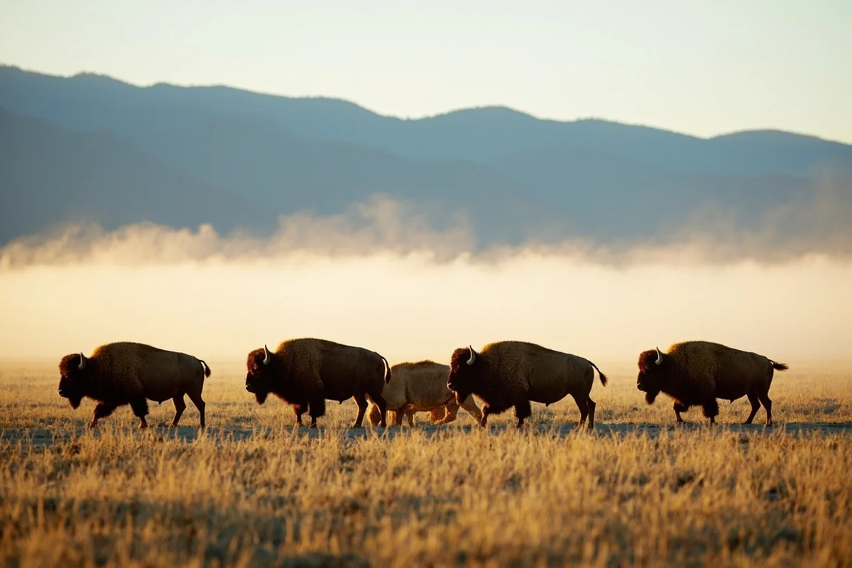 Bison herd in Lamar Valley with morning mist and mountain backdrop